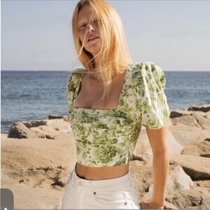 Abercrombie & Fitch Green Puff Sleeve Crop Floral Blouse